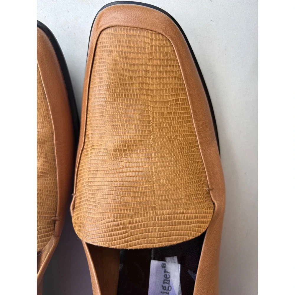 Etienne Aigner Rush Tan Leather Square Toe Loafers Low Block Heel Womens 7.5M